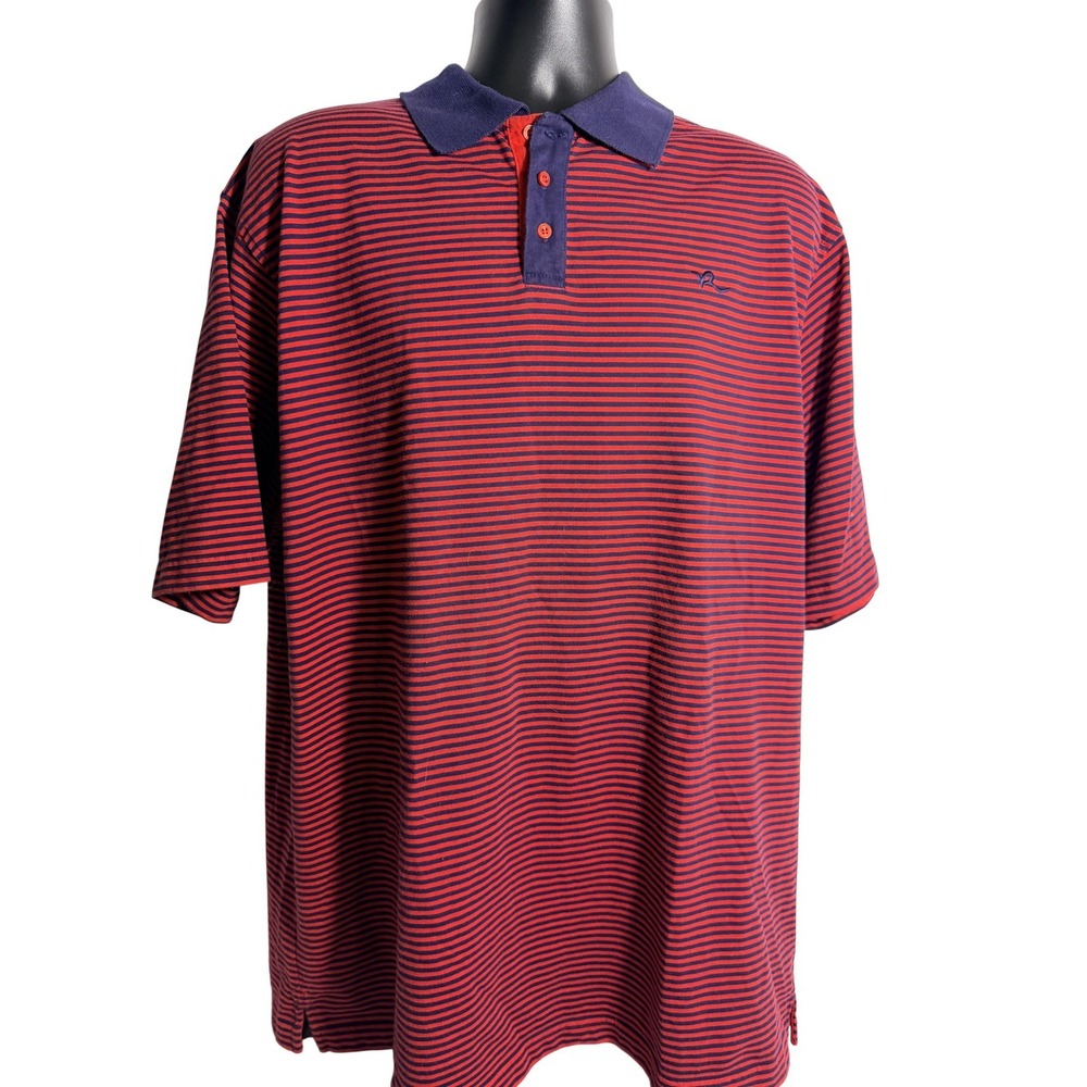 Rocawear Authentic Polo Shirt Mens 2XL Red Navy Stripe Logo Casual Short‎ Sleeve